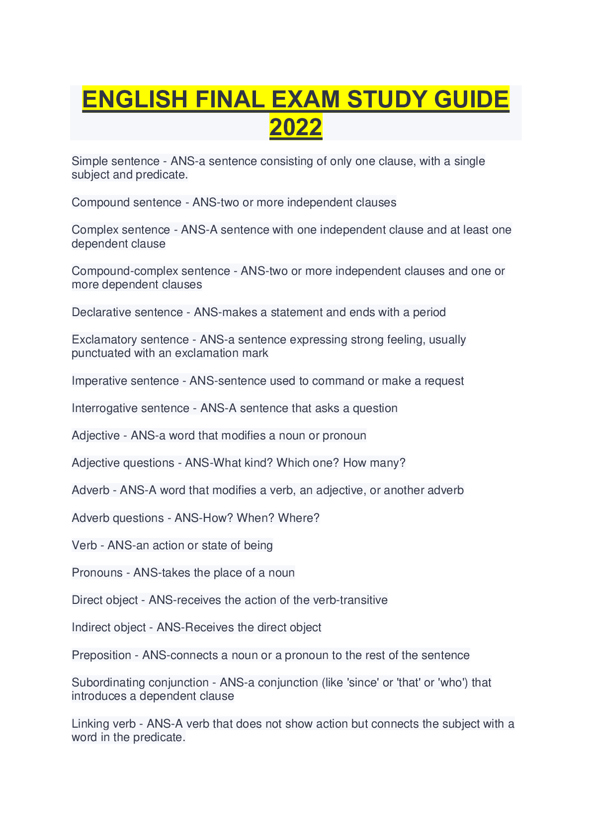 Preview image of ENGLISH FINAL EXAM STUDY GUIDE  2022 document